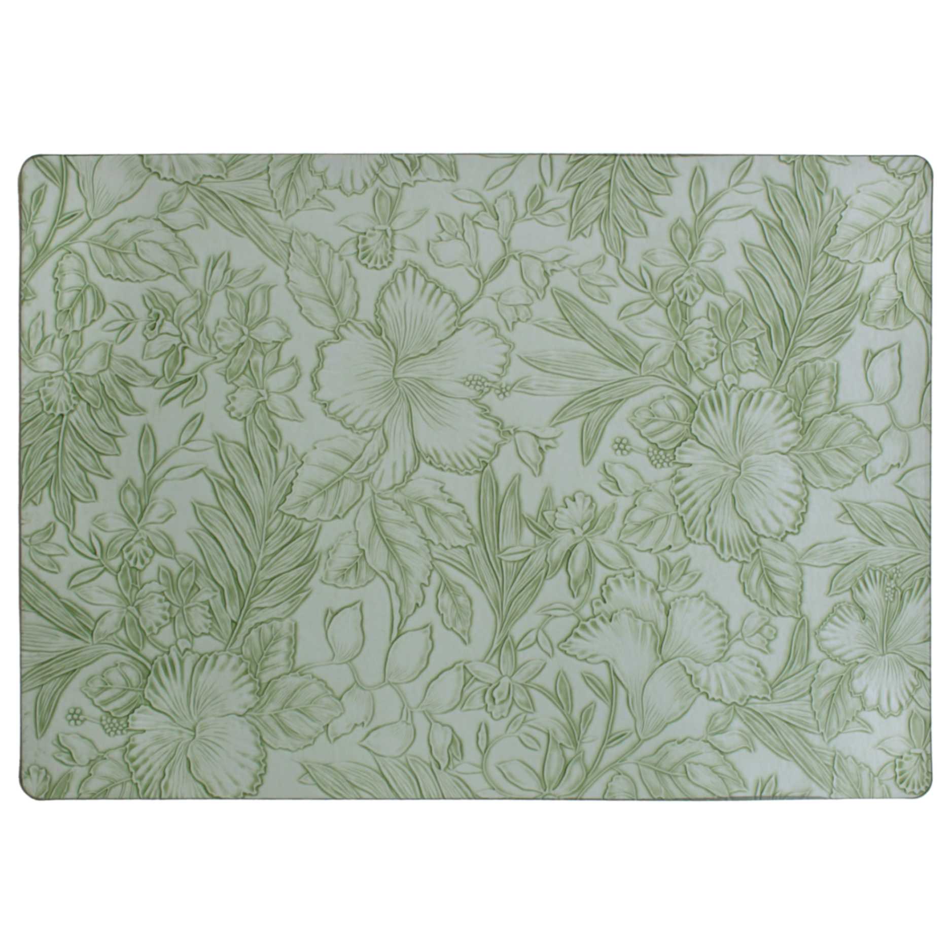 mantel verde hecho de piel sintetica con estampado de flores, hojas y helechos