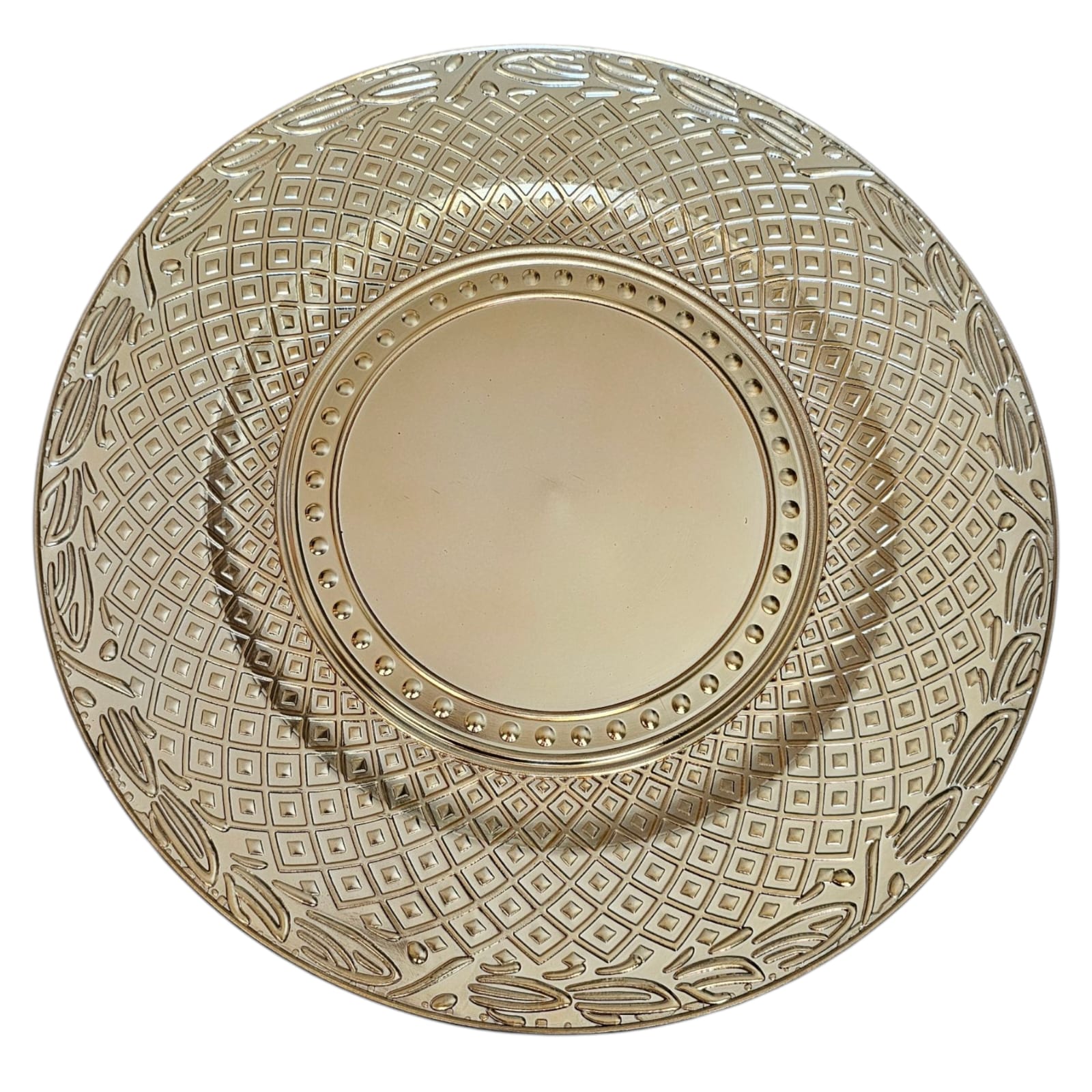 Plato de Presentación Dorado de Melamina 33 cm – Diseño Geométrico con Hojas ✨