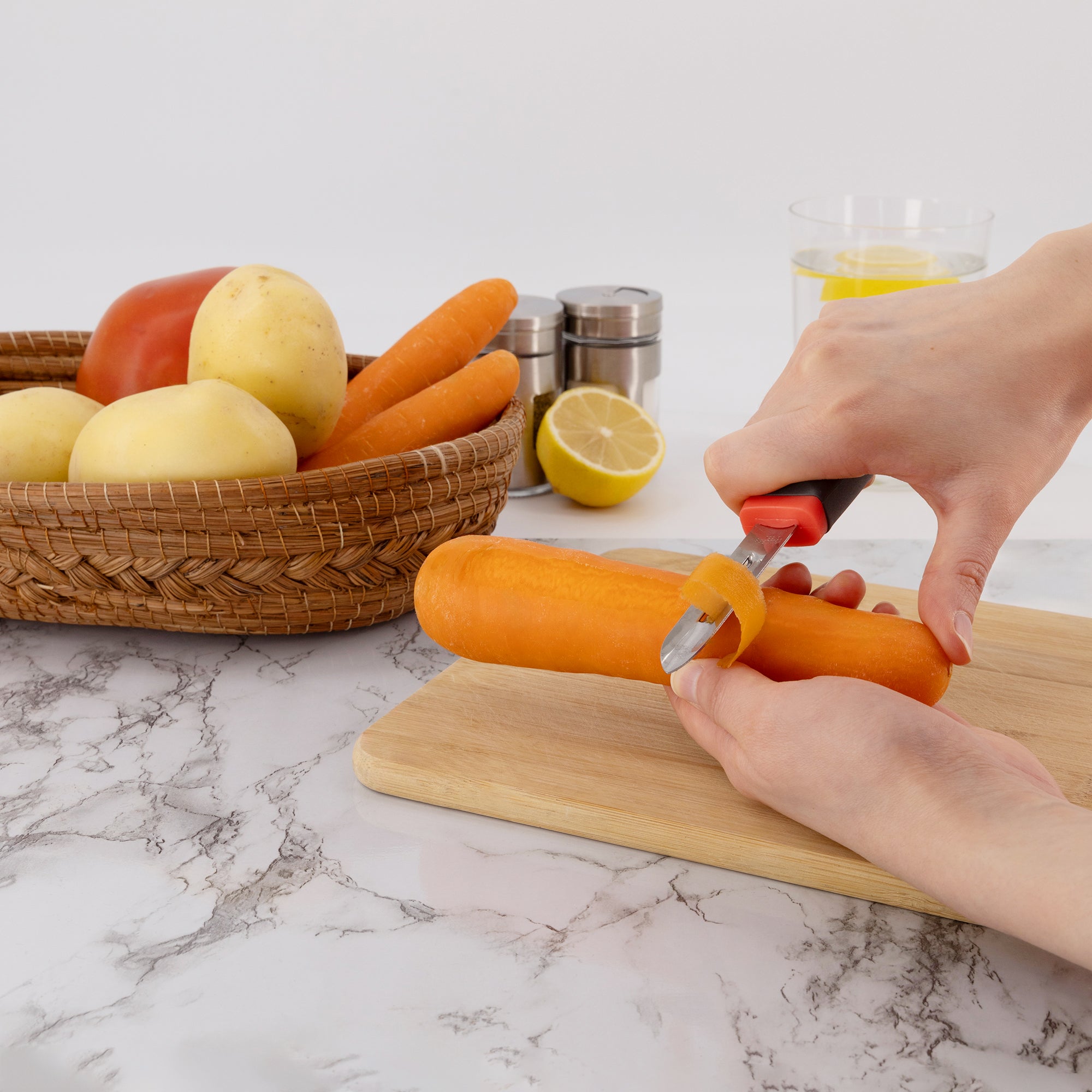 - Cocina Mía- Pelador horizontal para frutas y verduras gris con naranja mango de TPR - Mango Magenta